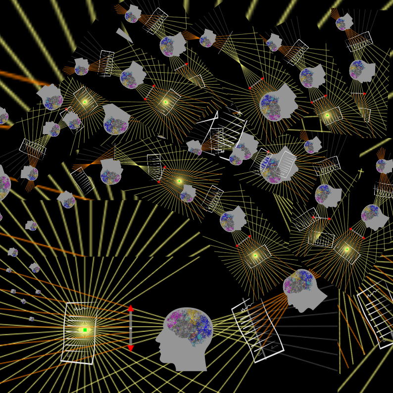 image of focal points of light emanating from a document, passing through a person's brain, focusing on another document which is then the focus of another persons brain. this continues recursively in an swirl getting smaller and smaller until the many small brains connect back to the original document