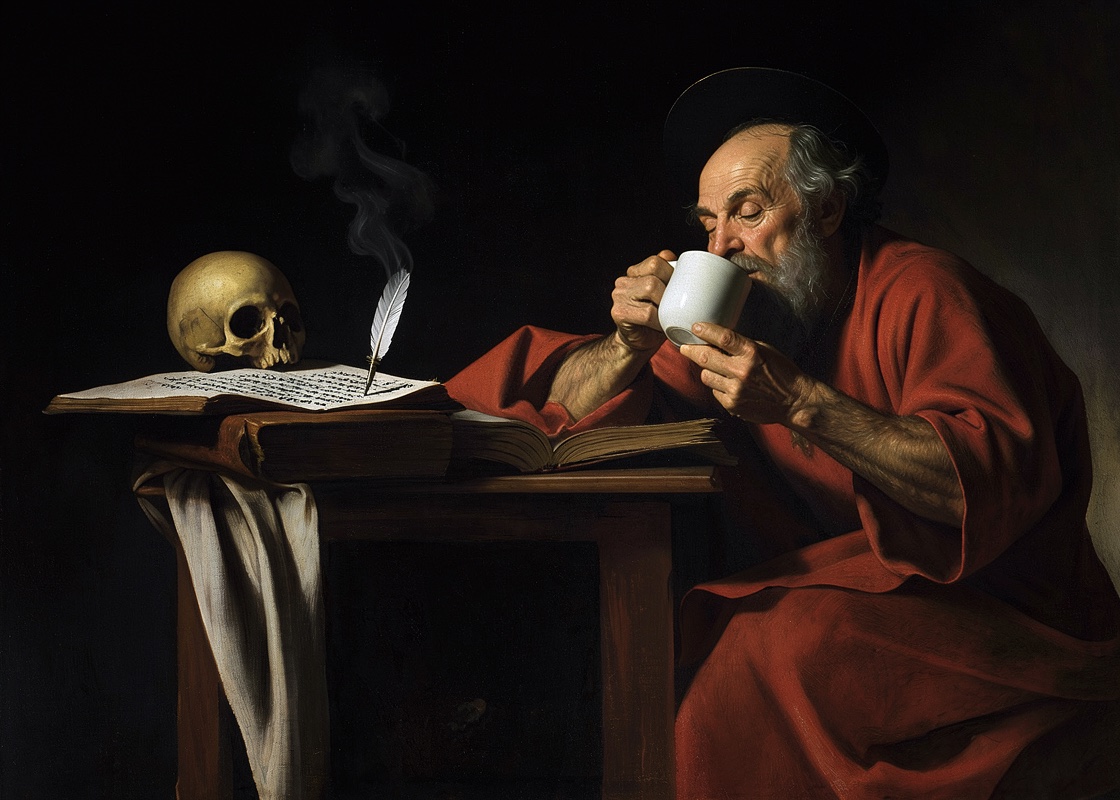 A remix of Caravaggio's painting Saint Jerome Writing. The old saint in his red robe sits at a dark wooden desk with a skull and stacks of books, but instead of writing he is leaning back with his eyes closed, sipping from a steaming white coffee mug, while the quill pen stands upright on the open page and writes by itself.