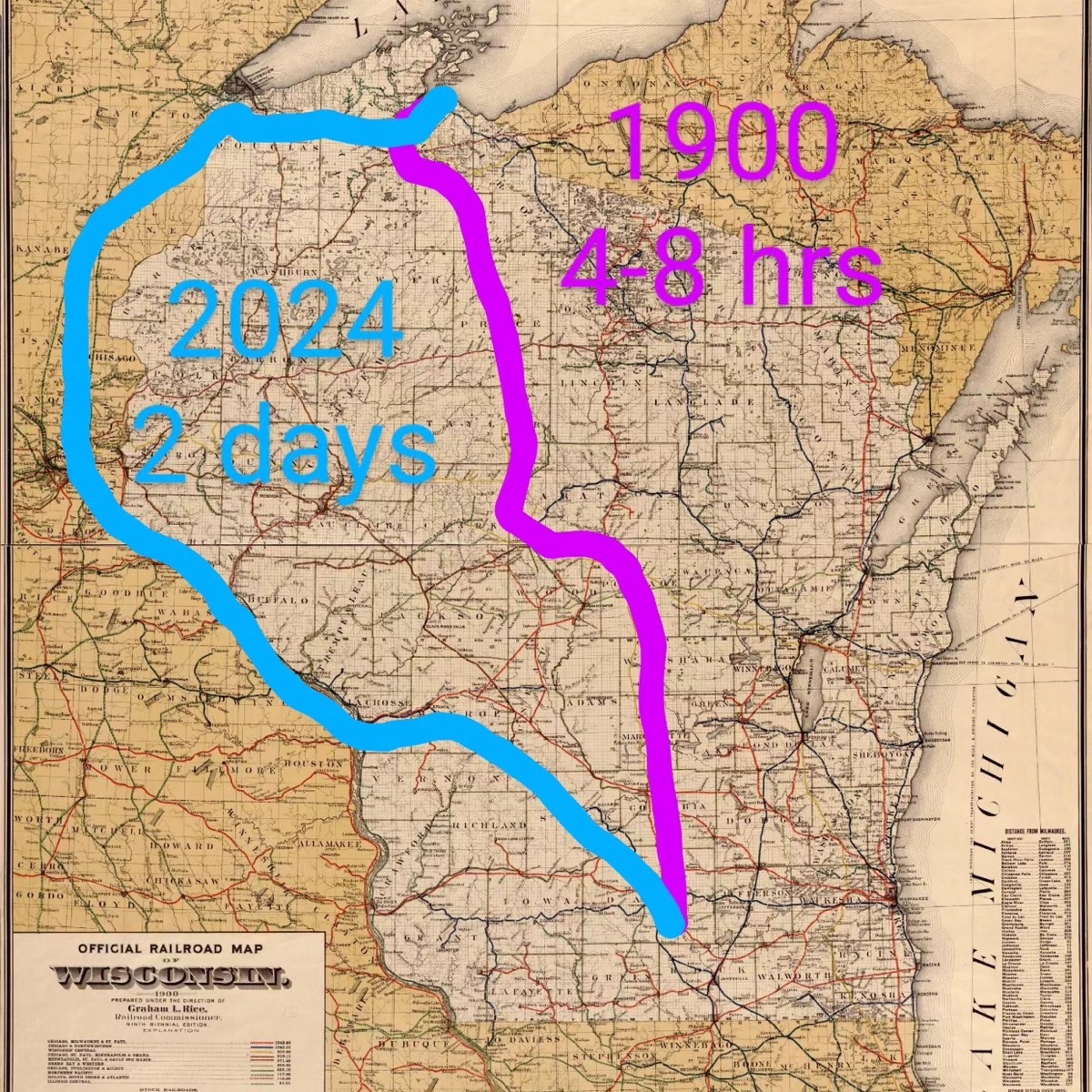A map comparing train travel times to Bayfield in 1900 with bus travel times in 2024, and photos of kayaking the Apostle Islands